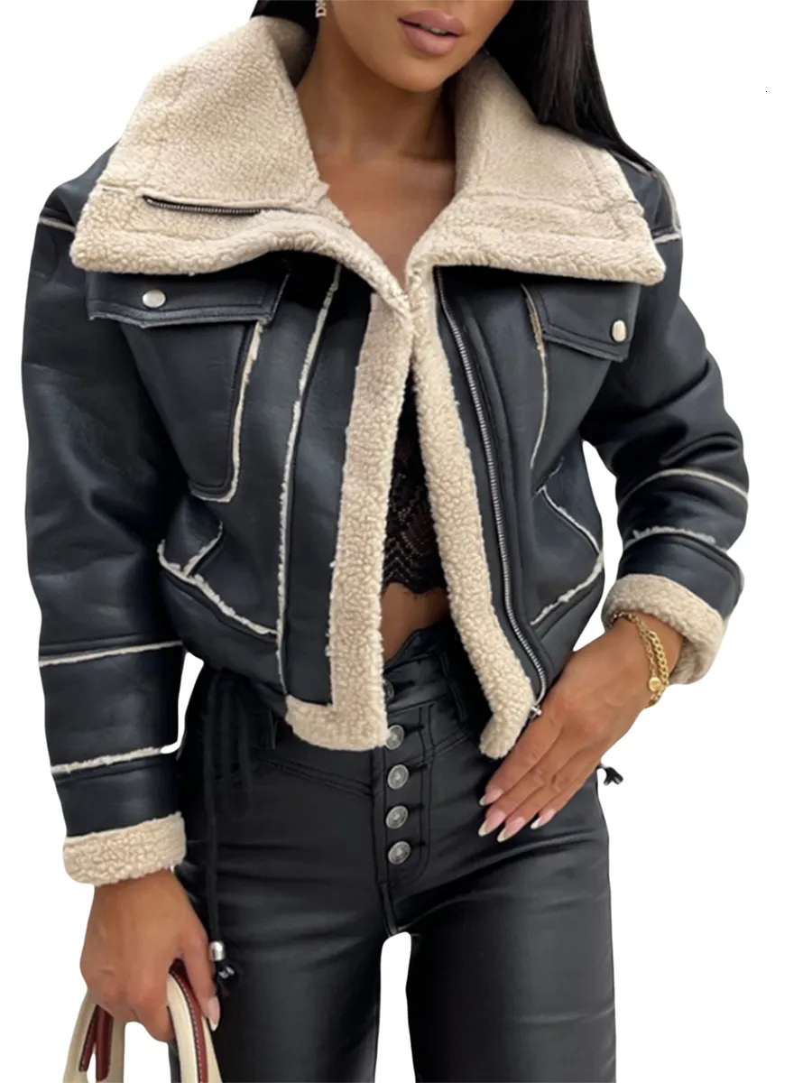 Kvinnorjackor Kvinnor Faux Leather Biker Jacket med faux päls trimmad krage vintage Moto Coat Warm Winter Ytterkläder 230919