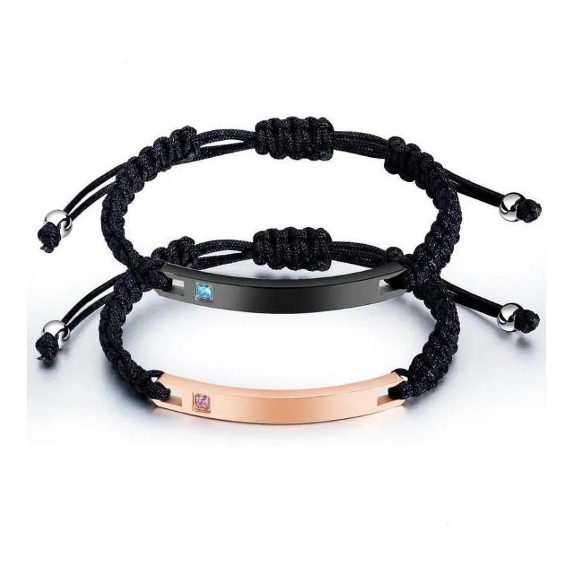 Bracciale per coppia in acciaio al titanio moda oro rosa / nero con ciondolo amore braccialetto regolabile in tessuto consegna goccia Dhw6J