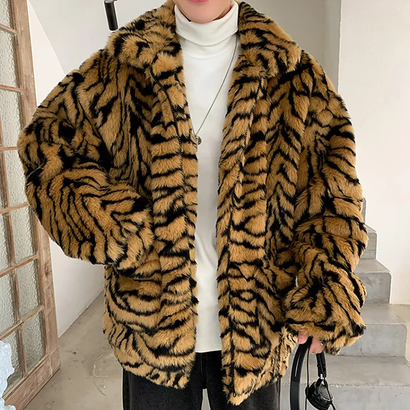 Men's Jackets Faux Fur Coat For Men Turn-down Collar Tiger Leopard Imitate Fur Jacket Thick Winter Warm Fluffy Plush Loose Jumper Outwear 230919