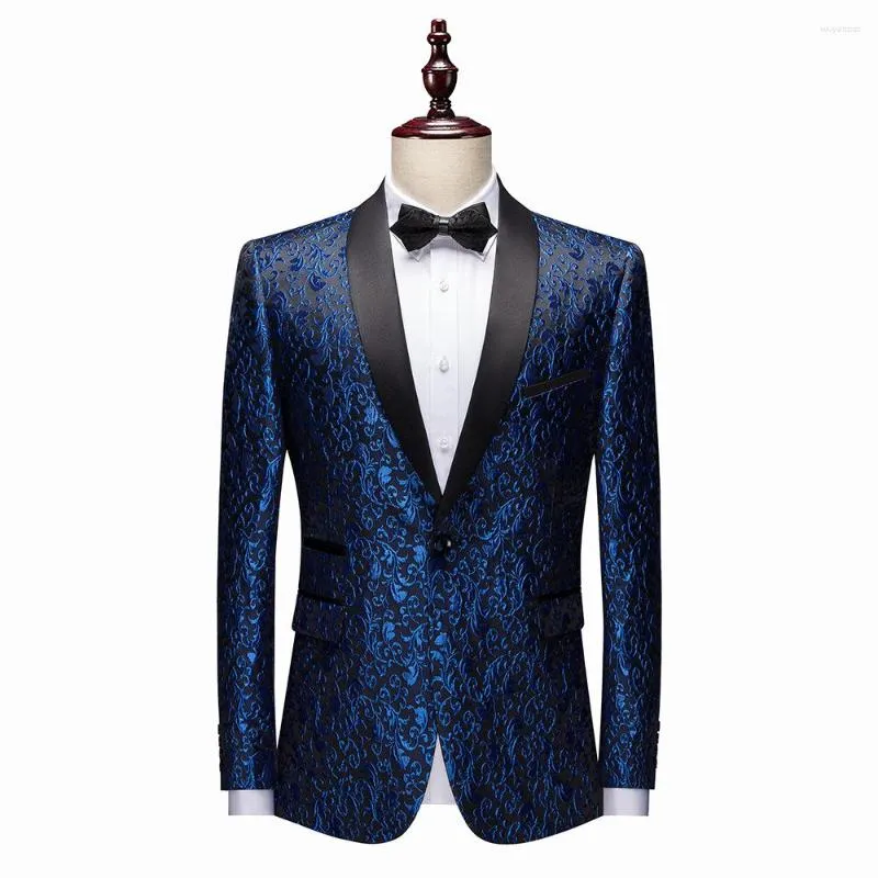 Costumes pour hommes Veste de costume avec noeud papillon Bleu Rose Or Tissu Jacquard Mode Robe de soirée de mariage Manteau Bouton unique Blazer masculin élégant