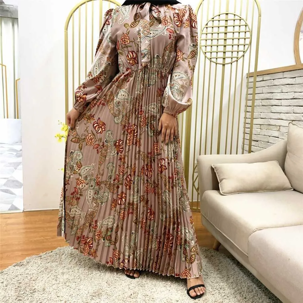 Long Sleeve Fashion Printed Big Swing Pleated Dress Muslim Robe Dubai Loose Abaya Kaftan Ramadan Moroccan Gown Woemn Maxi Dress