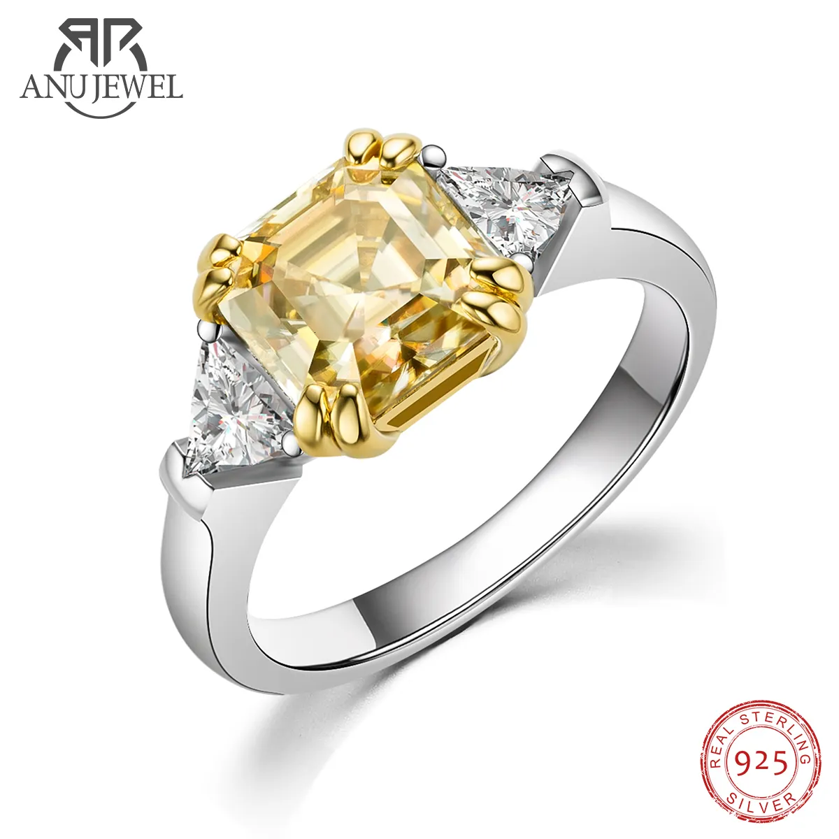 Alyans Anujewel 3 Karat Asscher Kes Sarı Renk Elmas Nişan Yüzüğü 925 Kadınlar için Gümüş 230915