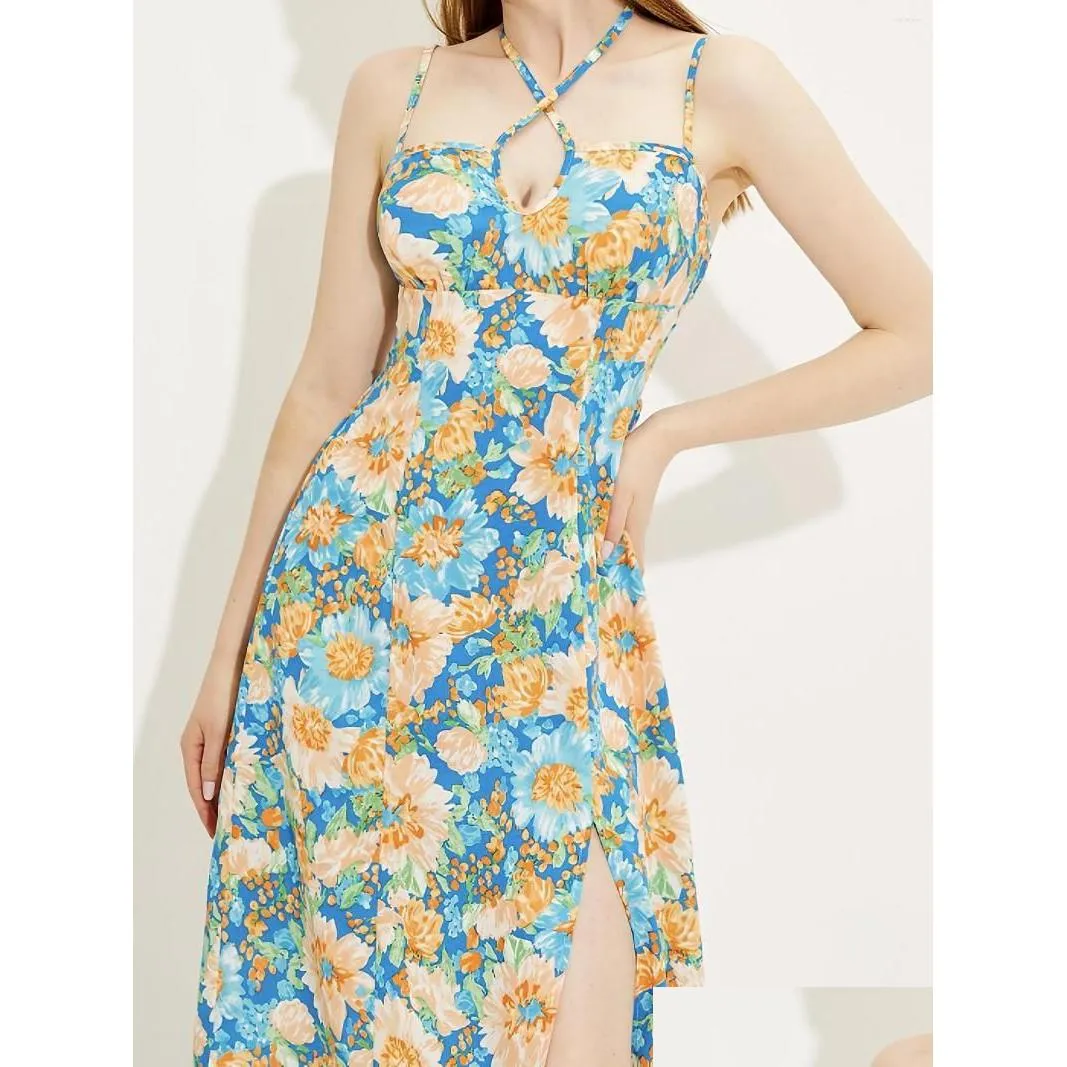 Basic Casual Dresses Suspender Slit Split Elegant Ditsy Floral Print Dress Slim Temperament Mid-Length Womens Clothing Drop Delive Dhj2E