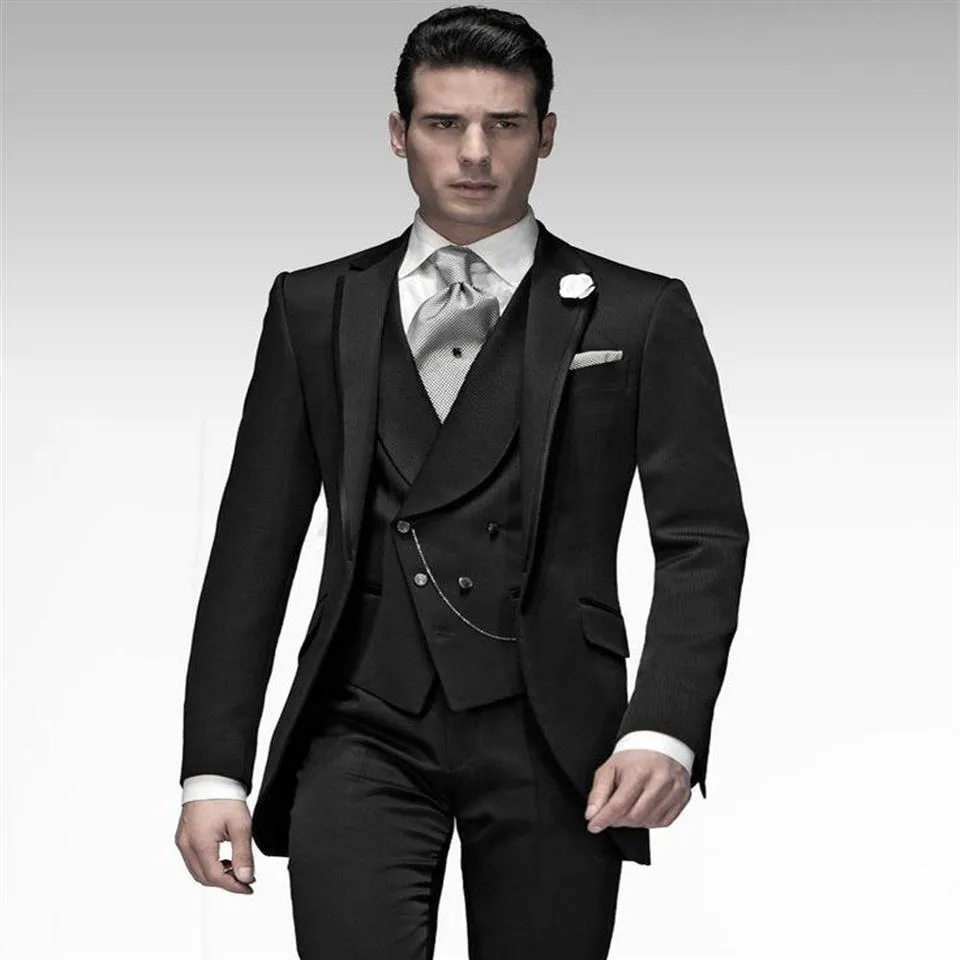 Os recém-chegados um botão preto noivo smoking padrinhos pico lapela homem blazer ternos de casamento dos homens jaqueta calças colete gravata h709221w