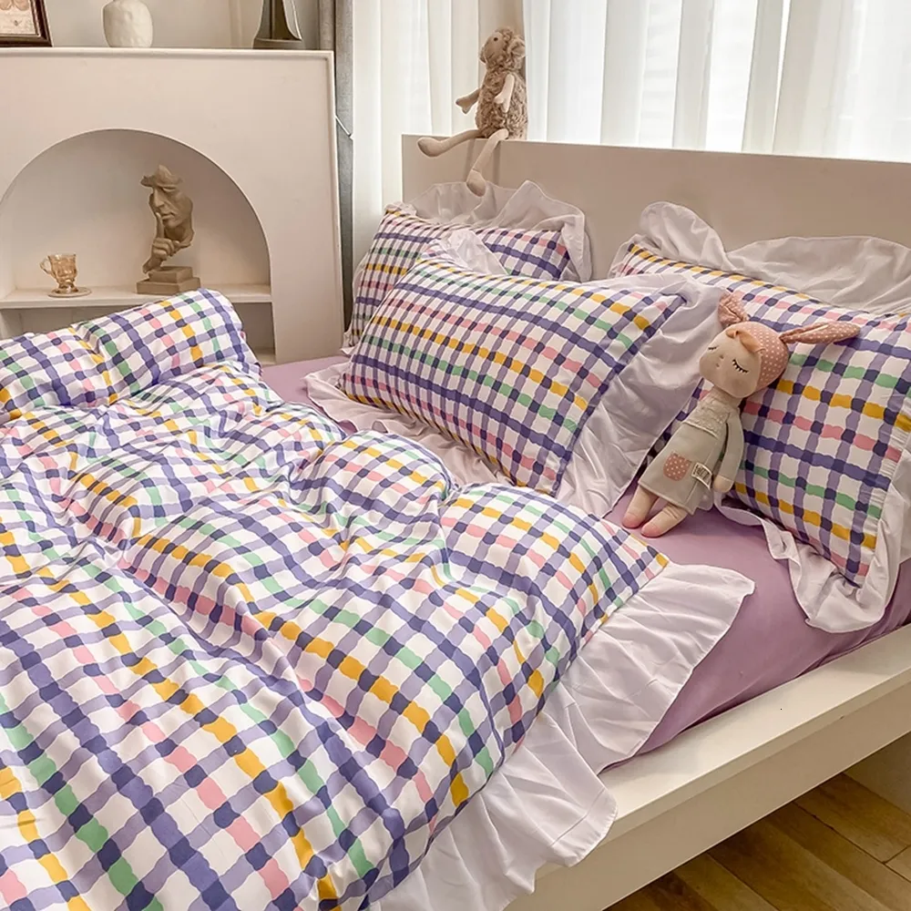 Bedding sets Ruffles Purple Plaid Color Double Bed Linens Quilt Duvet Cover Pillowcase Queen Size Flat Sheet Grid for Girl Boy Prince 230919