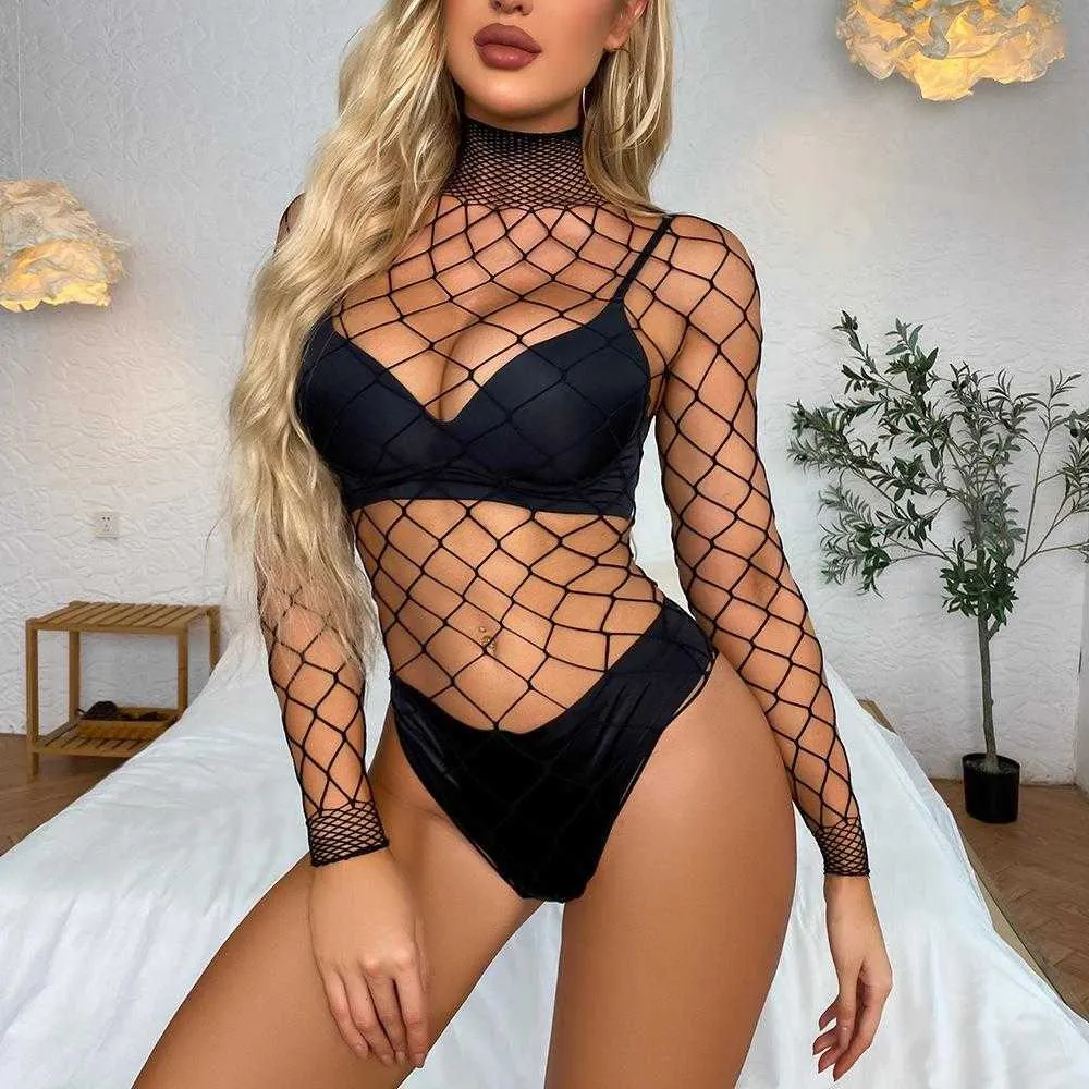 Sexy Set Frauen Sexy Video Overall Langarm Hoher Kragen Big Fishnet Nylon Offener Schritt Bodystocking Dessous 230808