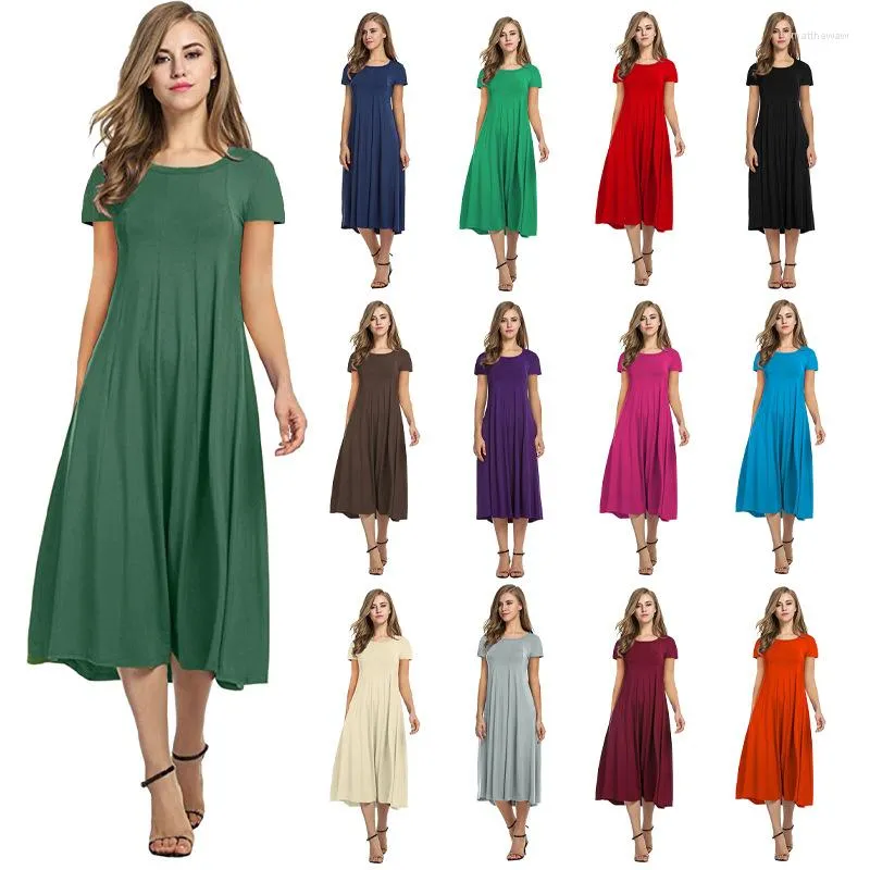 Lässige Kleider Elegantes mittellanges langes Kleid für Frauen Sommer 2023 Herbst Dame Rundhalsausschnitt Einfarbig Großer Saum Plus Size Weibliche Partykleidung