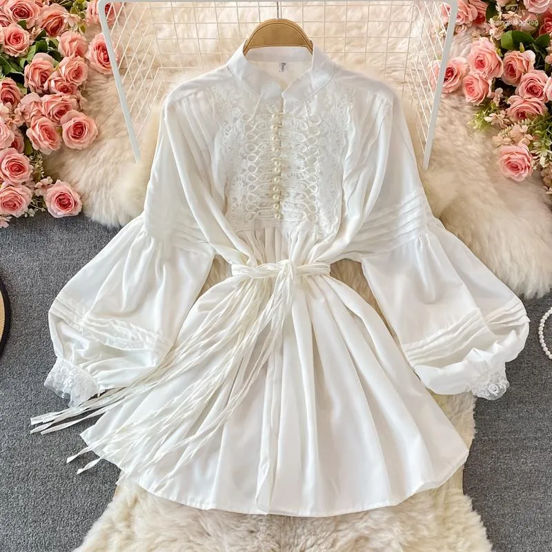 Casual Dresses 2023 Autumn French Court Style Dress For Women Bow Tie Loose Pint-sized Lantern Sleeve White Short