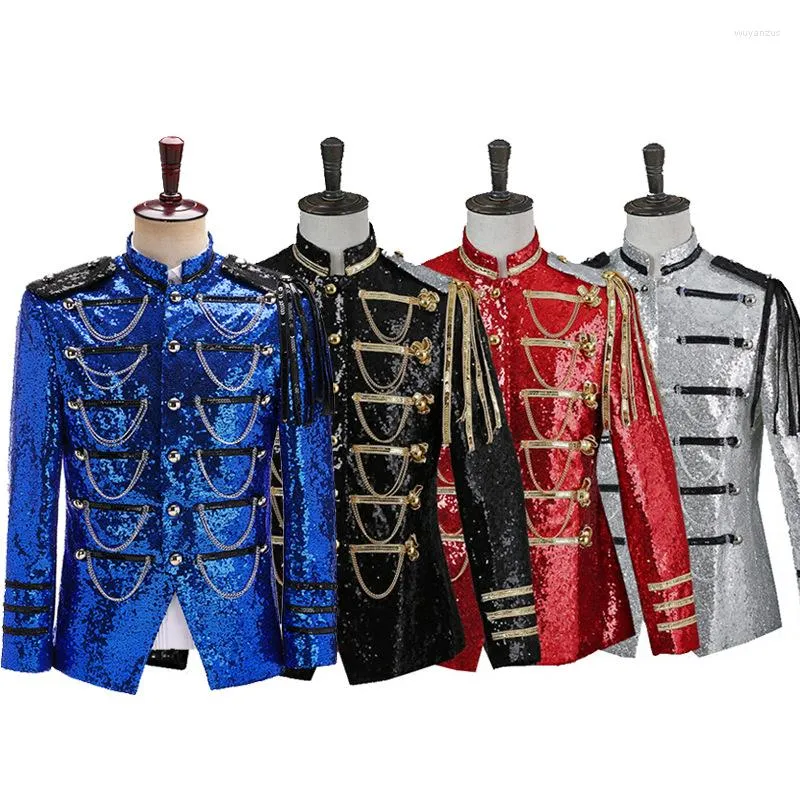 Herenkostuums Herenkostuums met pailletten verfraaid Blauw Rood Mode Toneelfeest Militaire kledingjassen Cosplay Clubwear Kostuum Mannelijke Blazerjas