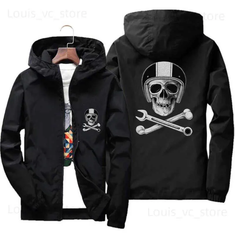 Men's Jackets Men's Motorcycle With Skull Helmet Wrench Biker Cafe Racer Skull Thin Windbreaker Beach Casual Coat Bomber Jacket Plus Size 7XL T230919