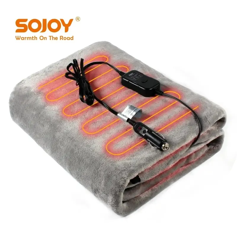 SOJOY Coperta Lavabile per Auto Elettrica, Coperta da Viaggio in Pile Riscaldata da 12 Volt per Auto e Camper, Ideale per La Stagione Fredda e Kit di Emergenza (Grigio)