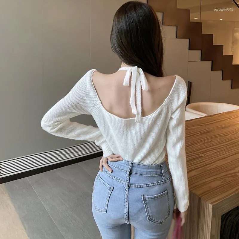 Women's Sweaters Knitted Sweater Solid Color Open Back Pullover Slim Fit Off Shoulder Ladies Cardigan Long Sleeve Tops Streetwear