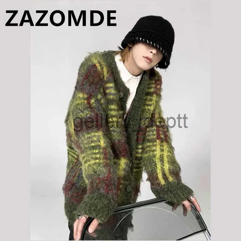 Pulls pour hommes Zazomde Wihter Vintage rayé vert Cardigan pull hommes haute rue surdimensionné bouton pull Harajuku lâche Hip Hop tricots haut J230920