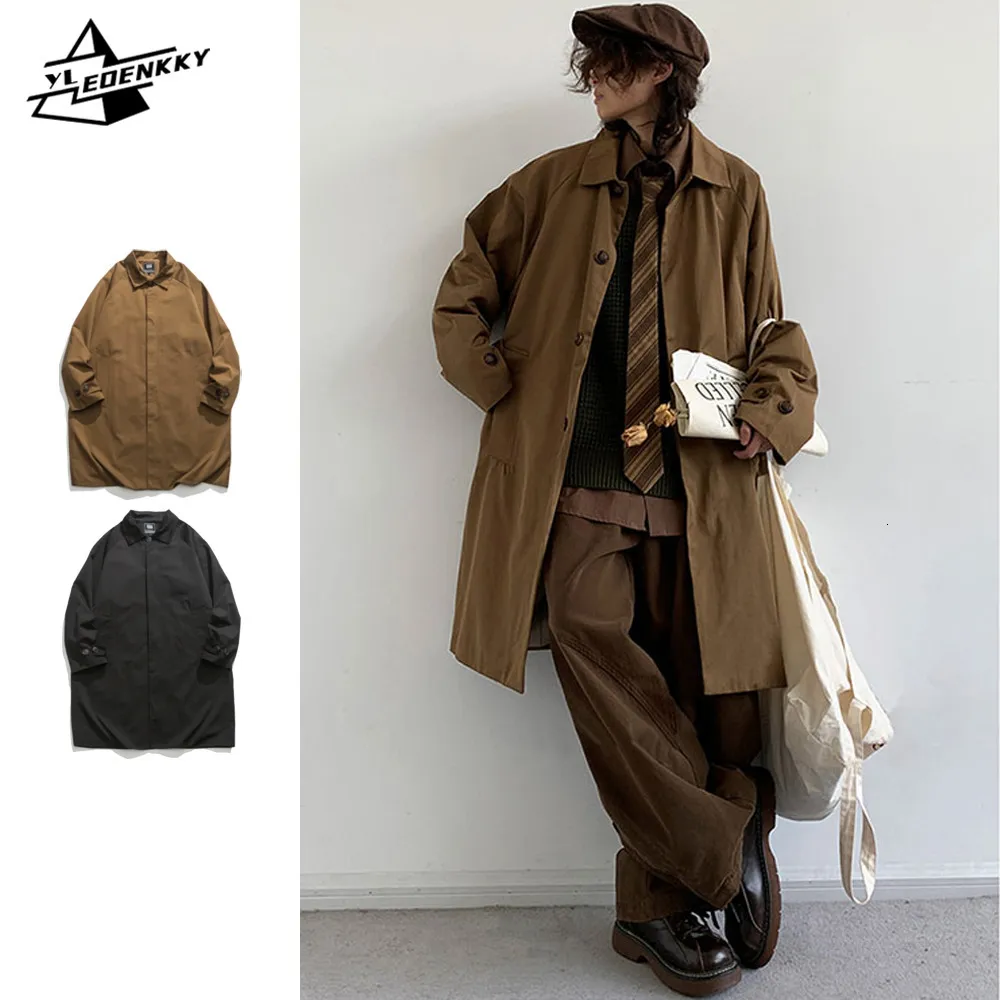 Män blandar Autumn Retro Trench Coat Män kvinnor Långt lapel Casual Street Overcoat Harajuku Solid Color Loose Cargo Jacket Korean Fashion Tops 230920