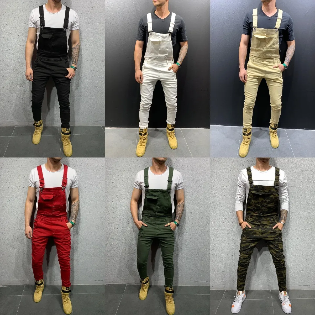 Dżinsy męskie 6 kloc mody Khaki czerwony armia biały jeansowy dżins kombinezon s-xxxl Jumpsuits hip hop dżinsy moto motocyklowe spodnie 230920