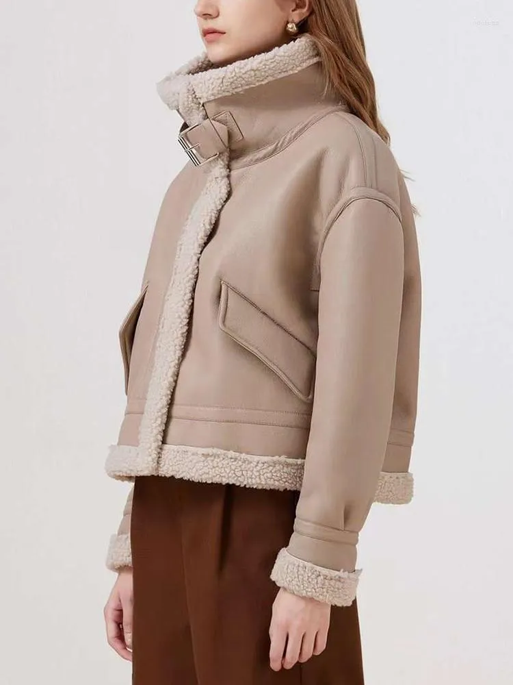 Женская кожаная куртка с мехом ягненка, винтажная женская сращенная мотобайкерская куртка, шикарная верхняя одежда, осенне-зимняя женская свободная теплая искусственная куртка