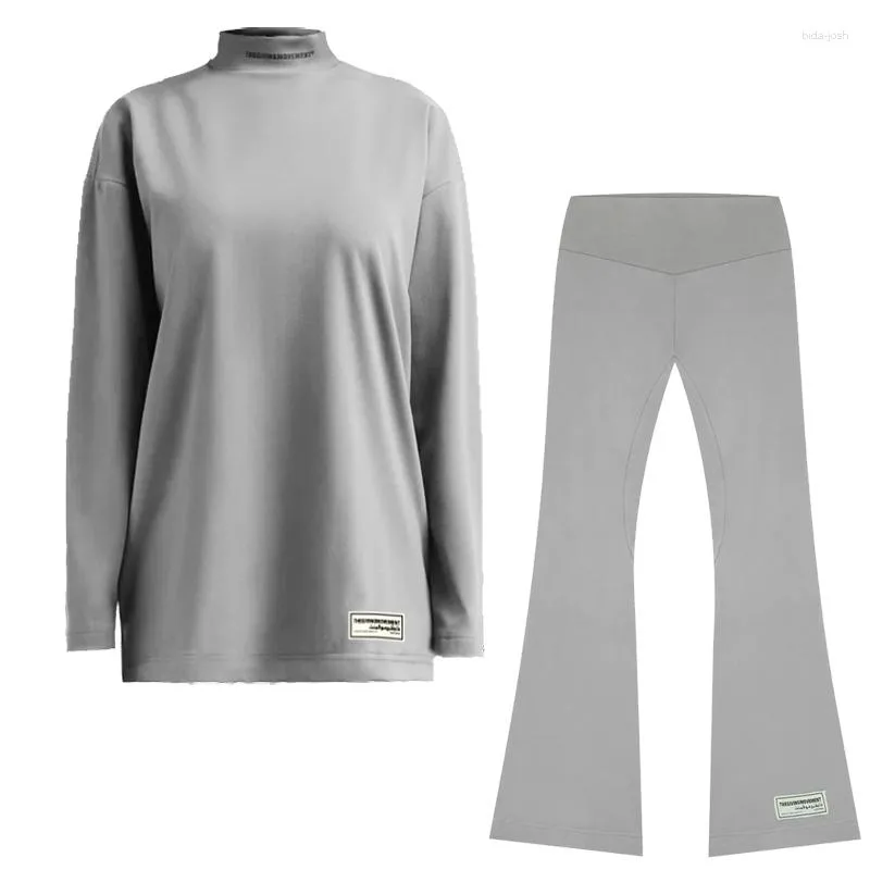 Pantalon deux pièces pour femmes, col montant surdimensionné, T-shirt à manches longues, taille haute, leggings évasés, ensemble deux pièces de yoga, vêtements féminins d'automne