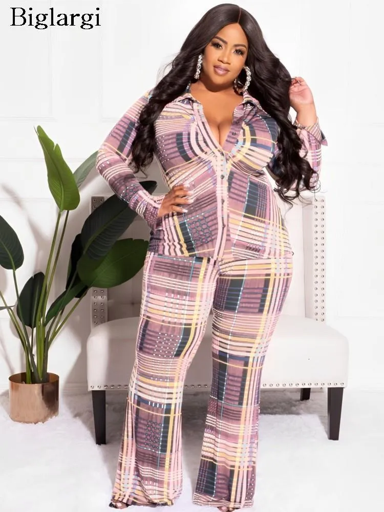 Robes de grande taille Taille Automne 2 Deux Pièces Ensemble Femmes Modis Moulante Rayé Plaid Chemise À Manches Longues Dames Blouses Casual Femme Pantalon 2023 230919