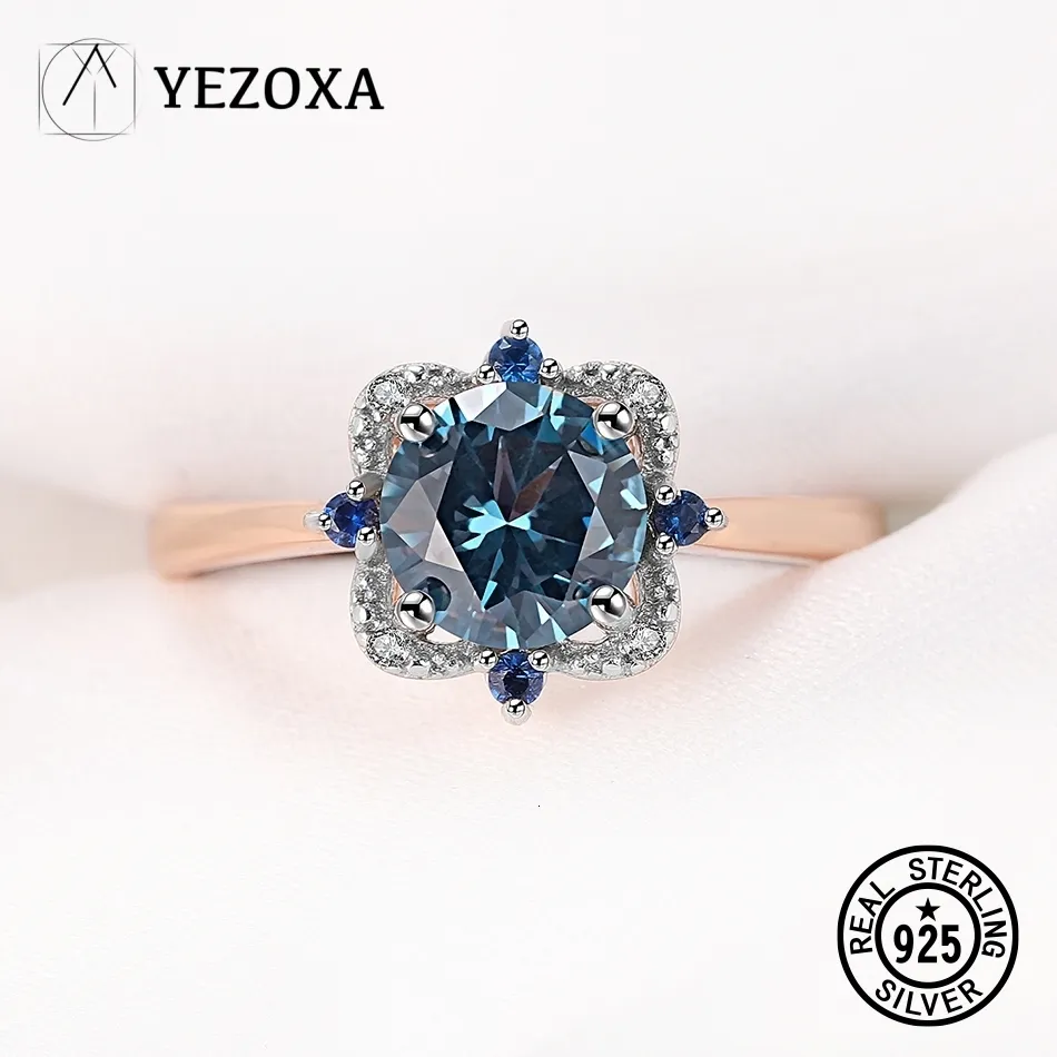 Wedding Rings YEZOXA Created Blue Spinel 14K Rose Gold Plating 925 Sterling Silver Halo Ring For Women Size 5 6 7 8 9 230920