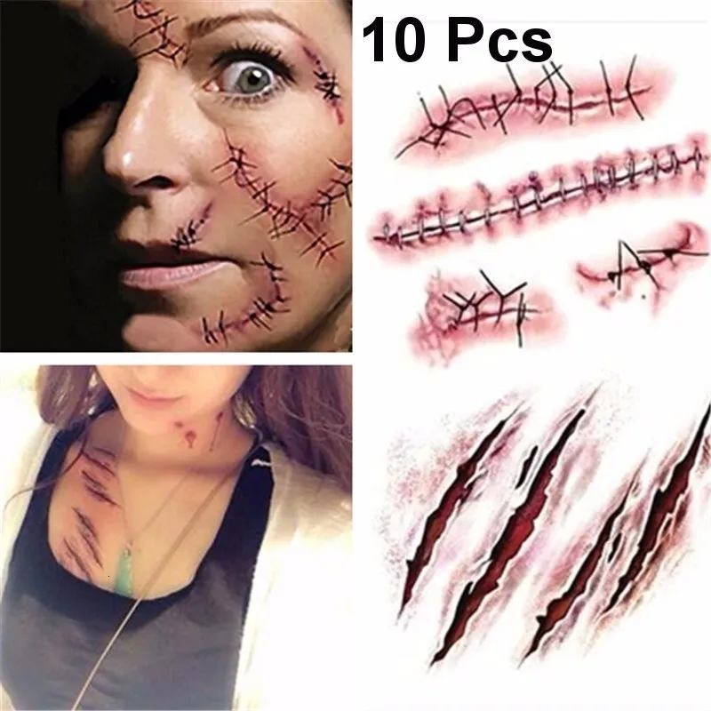 Other Tattoo Supplies Halloween Zombie Acars Tattoos Waterproof 3D Bite Mark Tattoo Sticker With Fake Scab Blood Special Costume Small Neck Fake Tatoo 230919