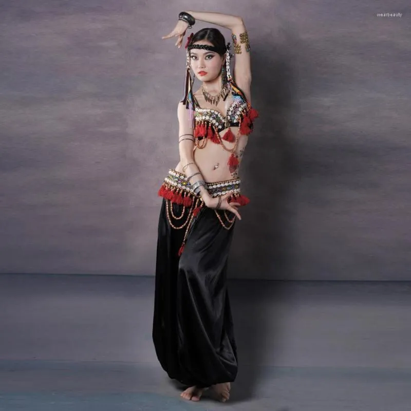 Red Tribal Fusion Belly Dance Costume Set With Bra, Belt, And