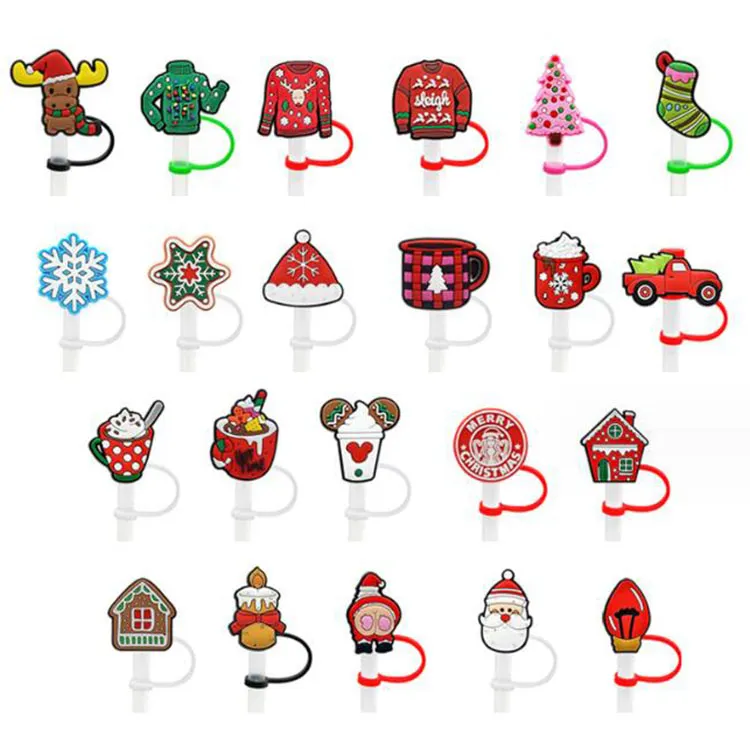 Couvercle de paille en silicone anti-poussière, couvercle de paille de dessin animé de noël, mignon, breloques de paille de fête, cadeau de décoration