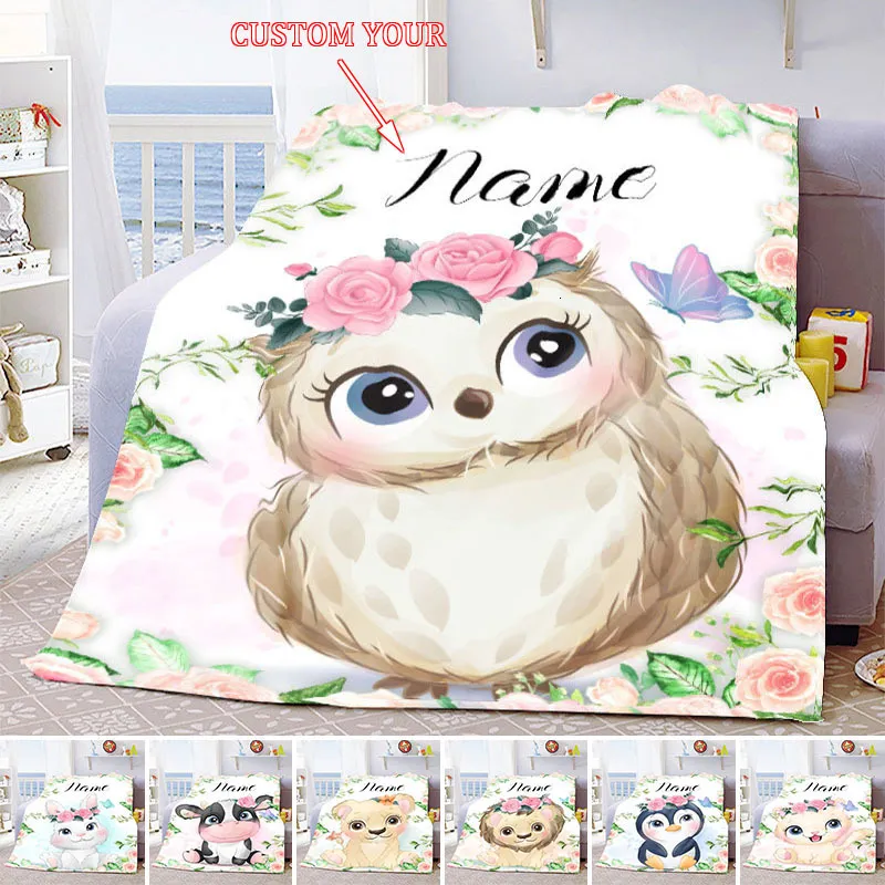 Couvertures Nom personnalisé couverture Kawaii bébé fille garçon enfants couvertures personnalisées dessin animé Animal mignon doux flanelle jeter couverture cadeau d'anniversaire 230920