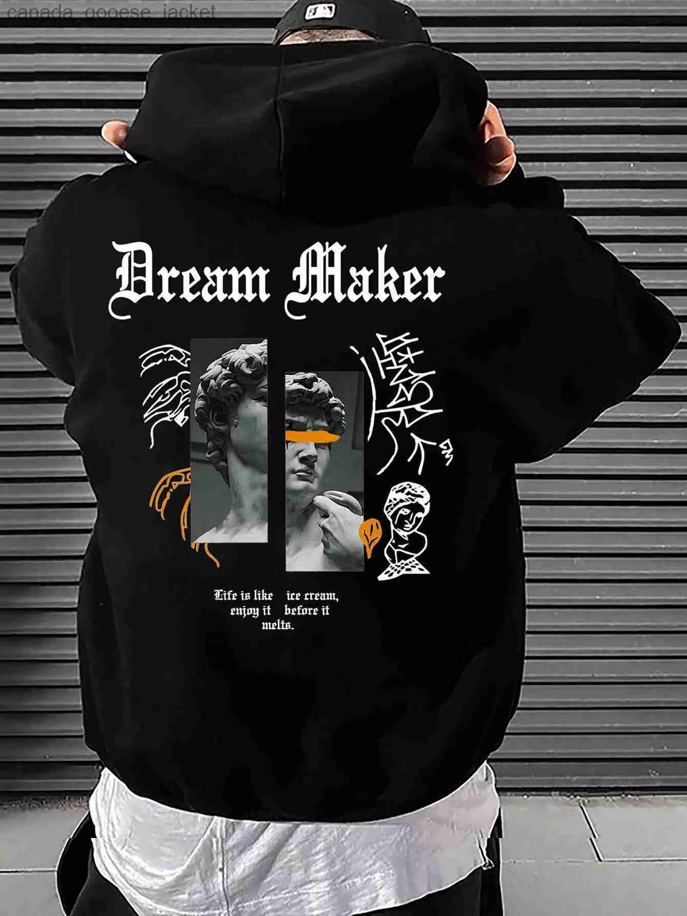 رجال الرجال للرجال Sweatshirts Maker Maker Brave Sculpture Pattern Mens Contract Creative Pocket Hoodies Hip Hop Autumn Autumn Streetwear Fleece Disual Male Clothingl230920