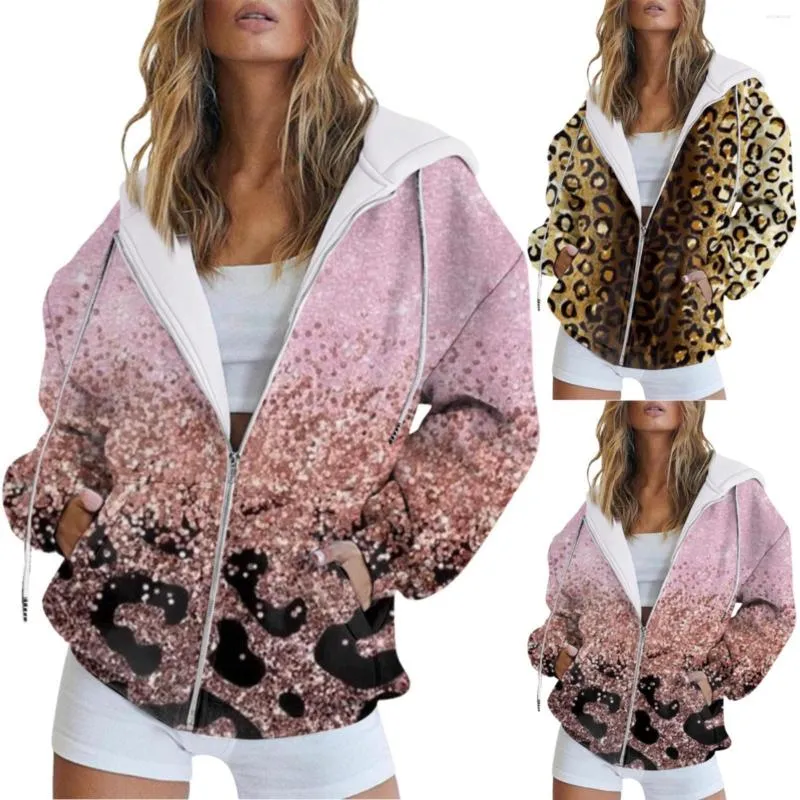 Hoodies femininos zip up longo gráfico hoodie feminino moda outono e inverno colorido leopardo impressão casual bolso manga cordão grande 1