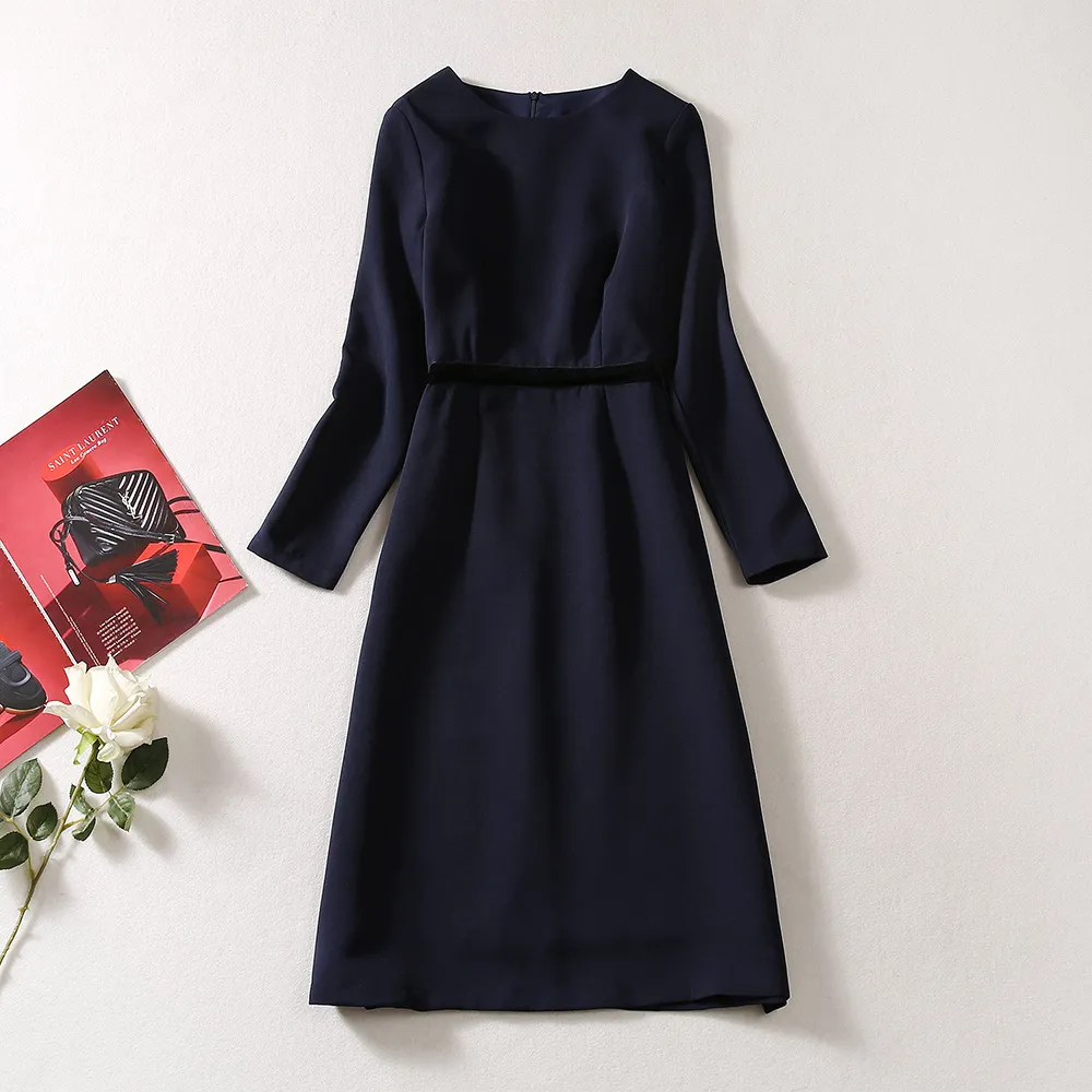 2023 Autumn Dark Blue Solid Color Panel Panel Dress långärmad rund nack knälängd Casual klänningar A3S150831-07