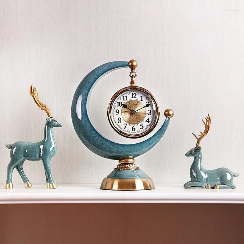 Relógios de mesa crescente retro decorativo relógio ornamentos de mesa europeu luz luxo criativo sentado