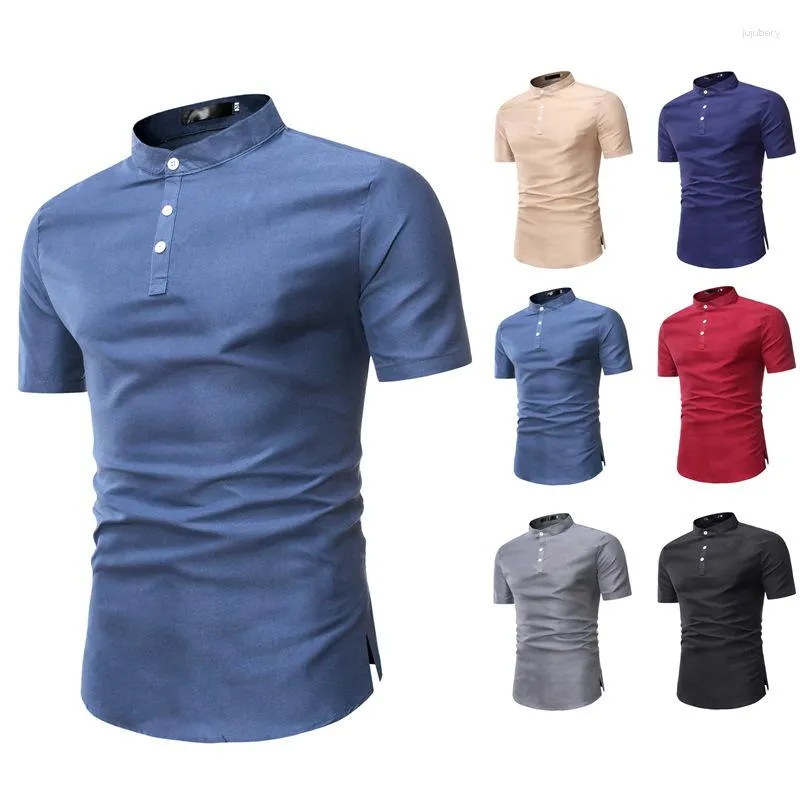 Chemises décontractées pour hommes, chemise à manches courtes et col montant avec trois boutons, couleur unie
