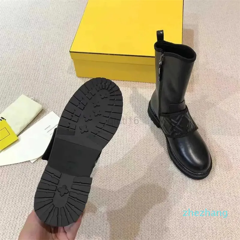 2023-strap moto biker flats half Ankle boots mid-calf black leather side zipper rounded toe tall Boot for women luxury designer shoes factory footwear