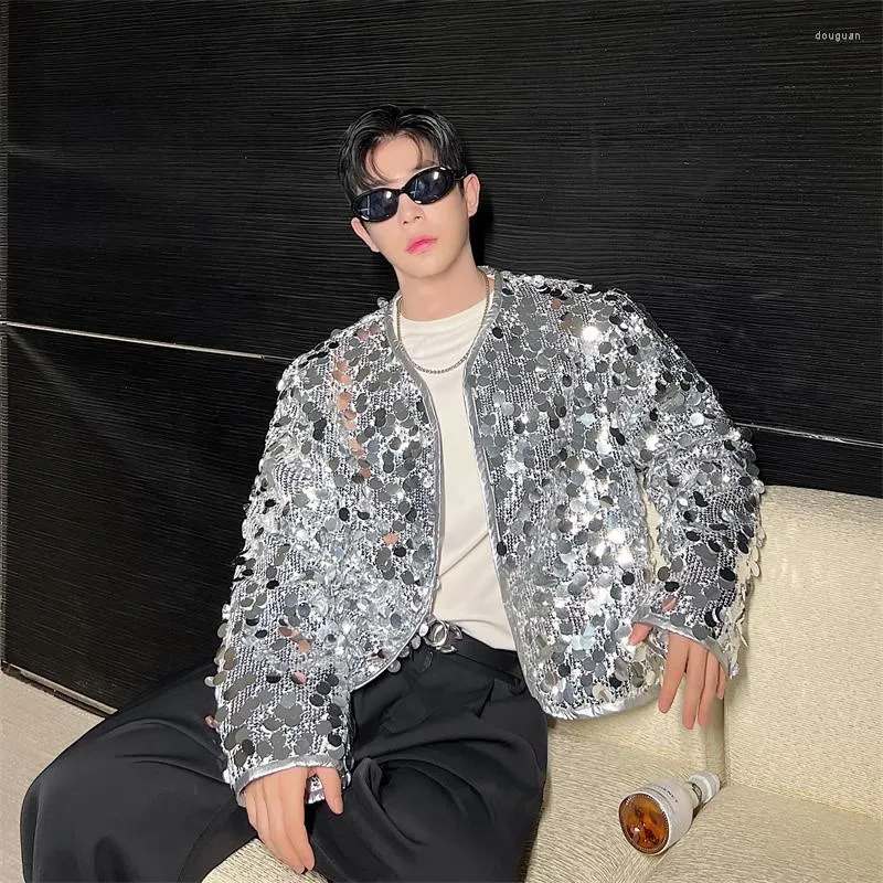 Men's Jackets 2023 Big Sequin Bling Glitter V Neck Jacket Men Night Club Stage Performance Costume Fashion Shiny Coat Cardigan