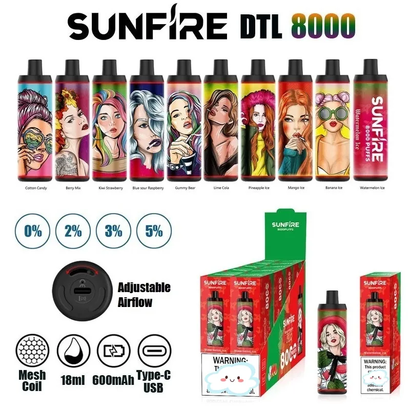 Original Sunfire 8000 Puffs DTL Disposable Vape 18ml Prefilled 600mAh USB Recharge Adjustable Airflow Electronic Cigarette Device 20mg 30mg 50mg by Aierbota