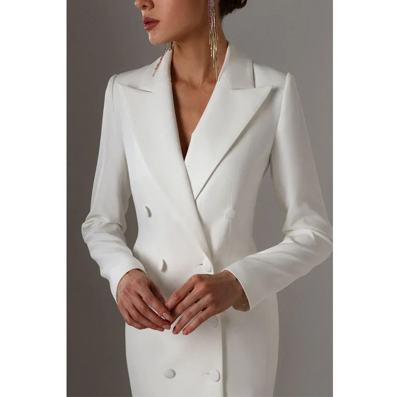 DHgate Womens White Tuxedo Blazer Double Breasted Long Suit Jacket Point Lapel Party Clothes Apparel