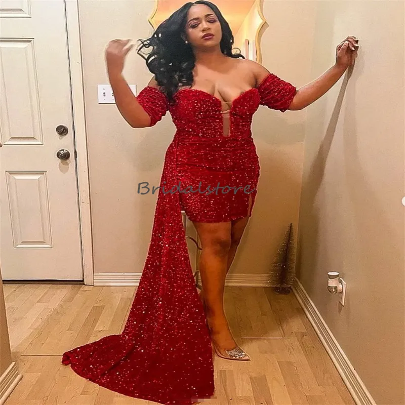 Chic Red Sequin Red glitter prom Dress with Train - Plus Size, Sparkling Mini Cocktail Party Dress for Black Women, Perfect for Aso Ebi, Evening