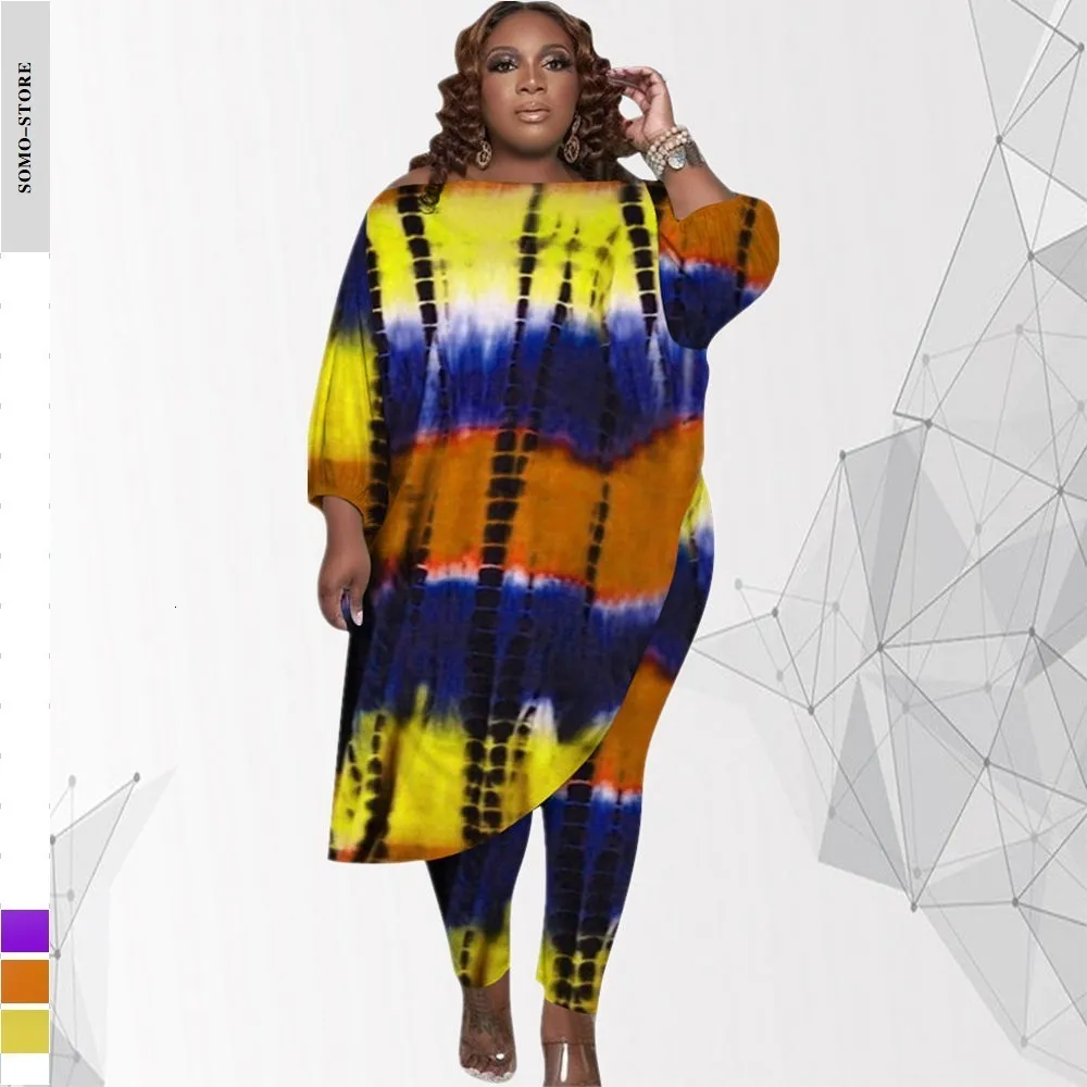 Robes de grande taille 5XL Taille de la mode Tenue des femmes Tie Dye Impression Lâche Oblique Épaule Irrégulière Tops Deux Pièces Ensemble En Gros Drop 230919