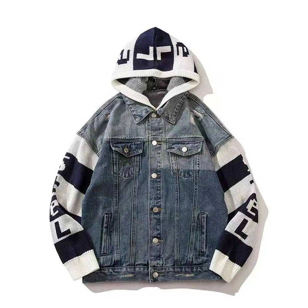 High Street Fashion Brand Spliced Knitted Fake Two Piece Denim Coat Jacket