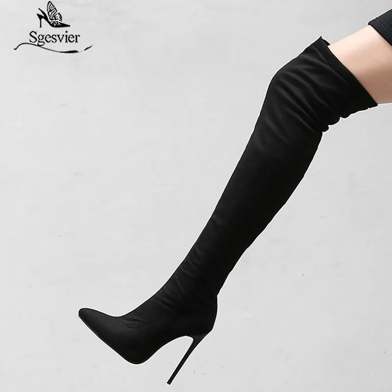 Boots Thigh High Boot Autumn Spring Sexy Over the Knee Stretch Flock Heel Long Shoes Woman Big Size 45 48 Black Grey 230920