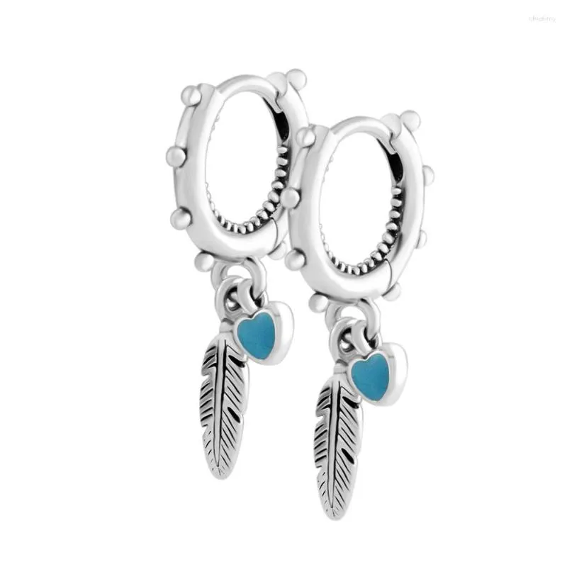 Dangle Oorbellen 925 Sterling Zilveren Sieraden Spirituele Veren Blauw Emaille Voor Vrouwen Vrouwelijke Meisje Gift