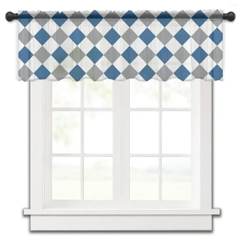 Vorhang Diamantgitter Blau Grau Küche Kleines Fenster Tüll Transparent Kurz Schlafzimmer Wohnzimmer Home Decor Voile Vorhänge