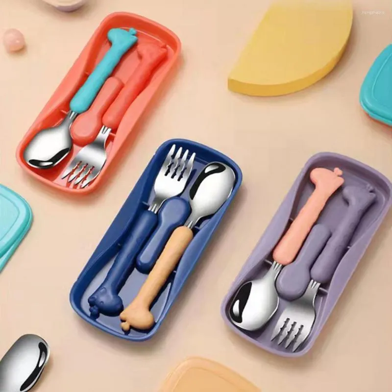 Dinnerware Sets Children Cutlery Non-slip With Storage Case Educational Grade Stainless Steel Infant Feeding Spoon Fork Baby Products