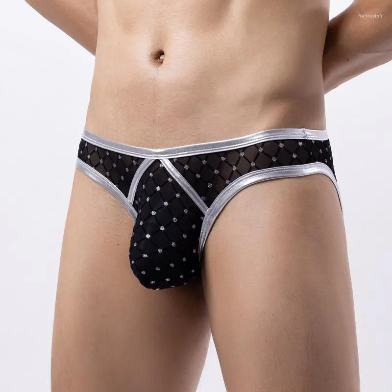 Underbyxor män trosor trosor sexiga underkläder diamantmask låg midja semi transparent rem och sträng gay bikini underkläder manliga shorts boxare