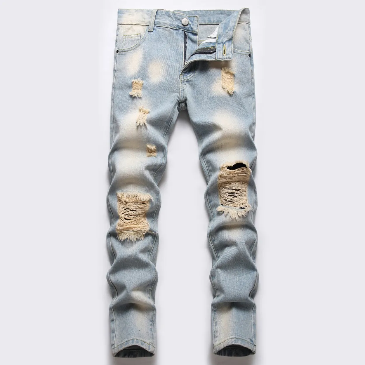 Jeans Jongens Lichtblauw Retro Rechte pijp Gescheurd Kinderen Gewassen Distressed Stretch Denim Broek Grote kinderen Casual broek 516y 230920