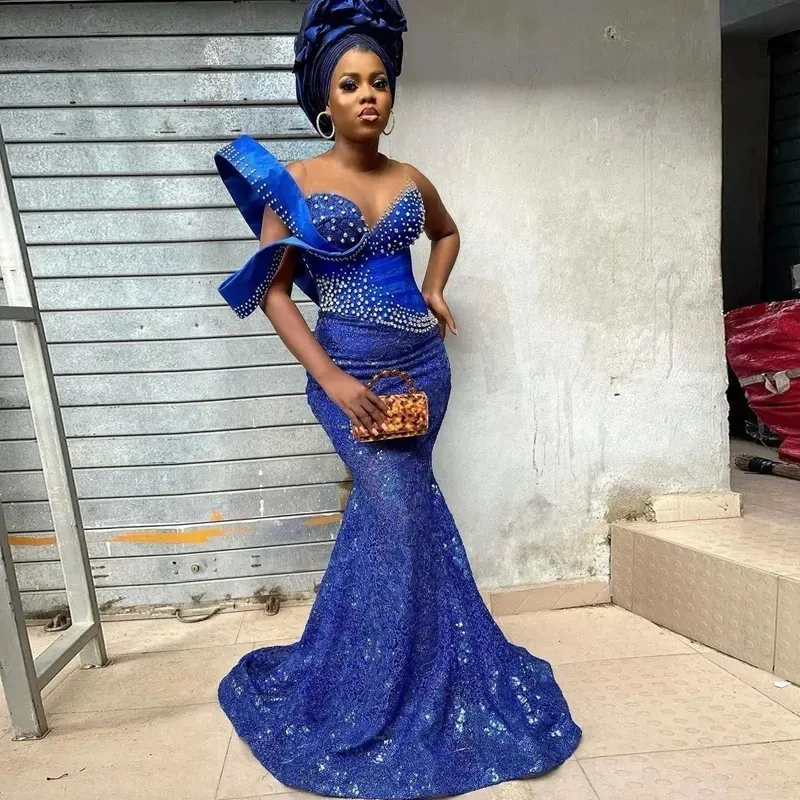 Élégant bleu nigérian robes de bal à la main perles dentelle africaine formelle Ocn robe grande taille Aso Ebi robes de soirée de mariée 322