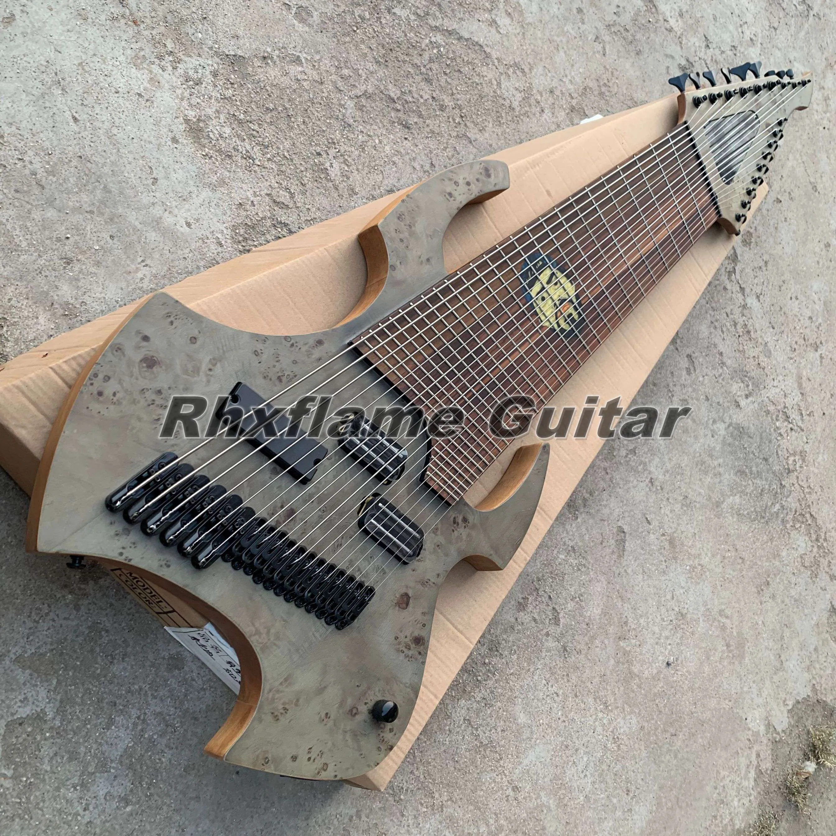 Orms Djent 2018 Jared Dines Signature 18 String Spalted Maple Top Electric Guitar in Black with Strings Thru Body Bridge