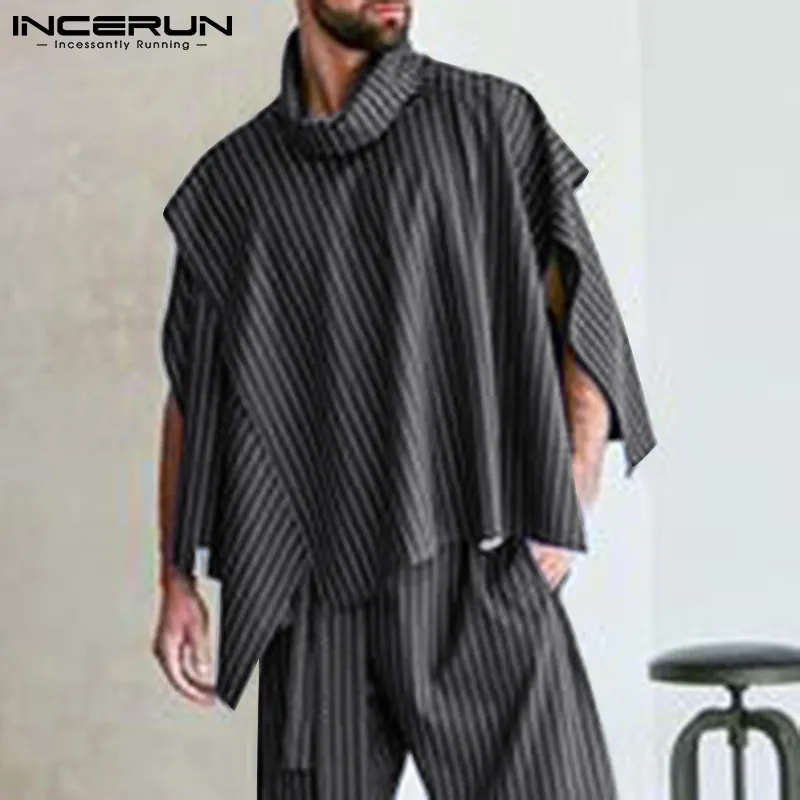 Men's Vests Fashion Men Striped Turtleneck Sleeveless Cloak Streetwear Ponchos Irregular 2023 Loose Casual Waistcoat INCERUN 230919