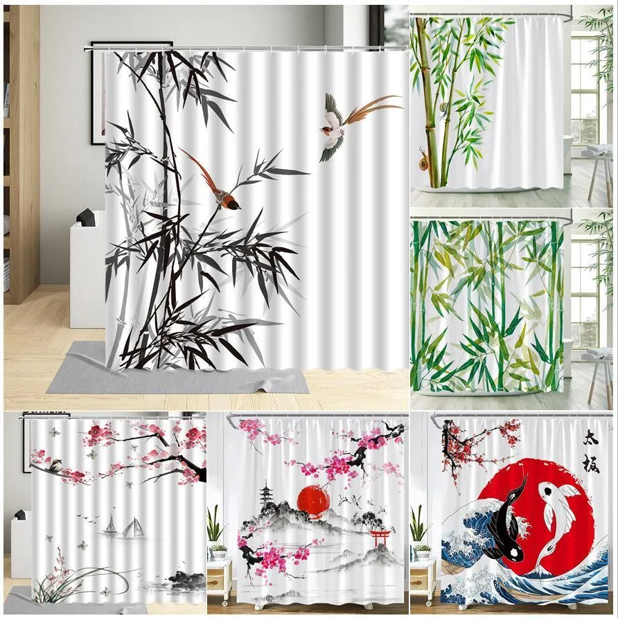 Douchegordijnen Japanse inkt Bamboe Douchegordijn Set Zwart Wit Plant Vogel Roze Bloem Karper Chinese stijl Stof Badkamer Decor Badgordijnen 230919