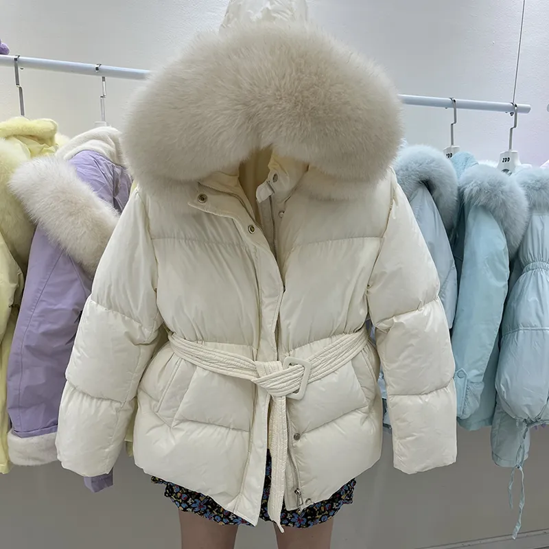 Manteau à capuche en fourrure de renard naturelle pour femme, avec ceinture en duvet de canard blanc, manteau chaud et épais, parkas SM